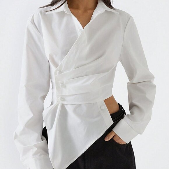 MODA ME COUTURE Tops - White Minimalist Women's Elegant Long Sleeve button detailed Shirt